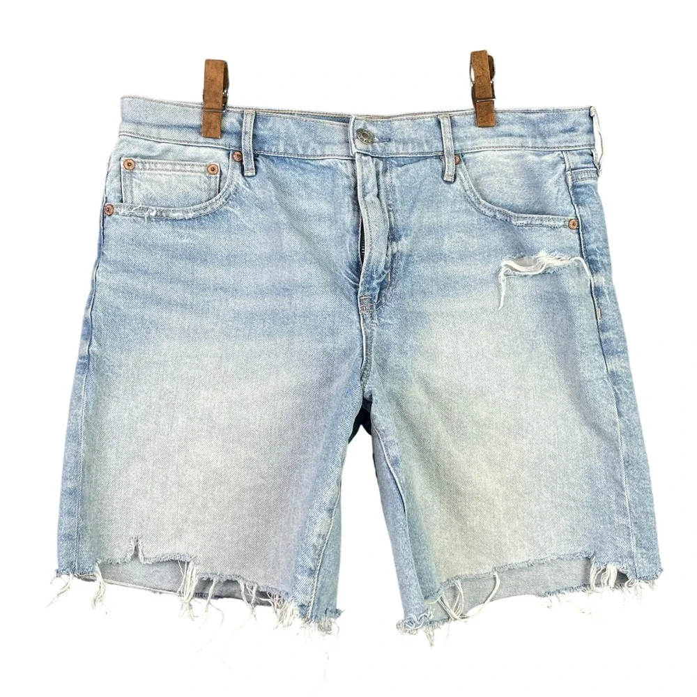 American Eagle Perfect Bermuda Shorts Womens 10 Blue Strigid Distressed Raw Hem